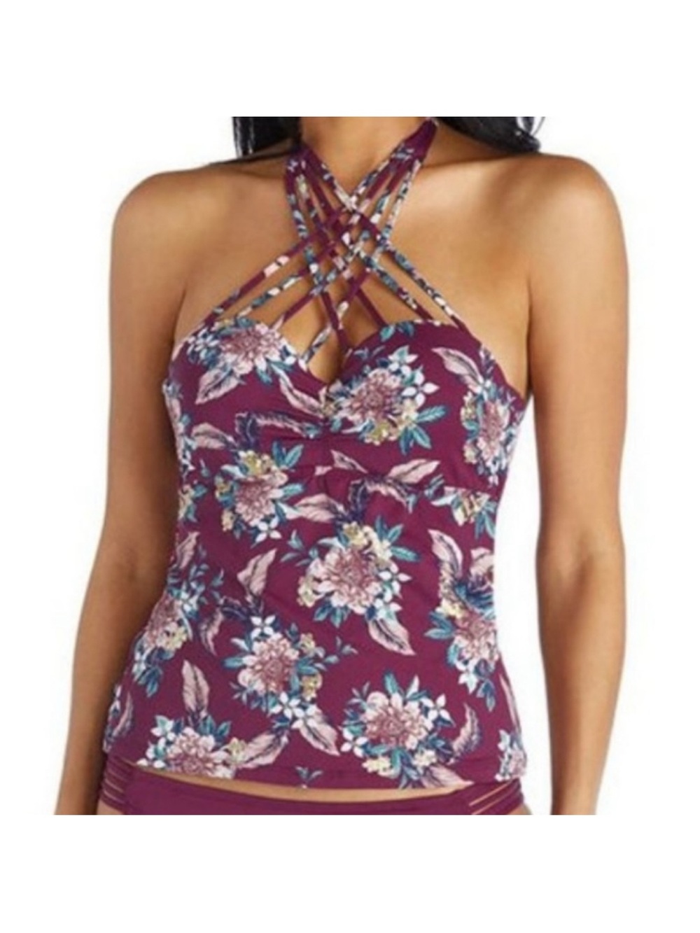 Ambrielle Plum Floral Crisscross Halter Swim Top Size D Pool Beach Vacation EUC